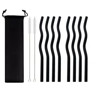 Wavy Glass Straws 11pcs 7.87" x 0.31" Reusable Glass Drinking Straws with Black Pouch, Multicolor for Drinking Beverages Coffee Milk Tea