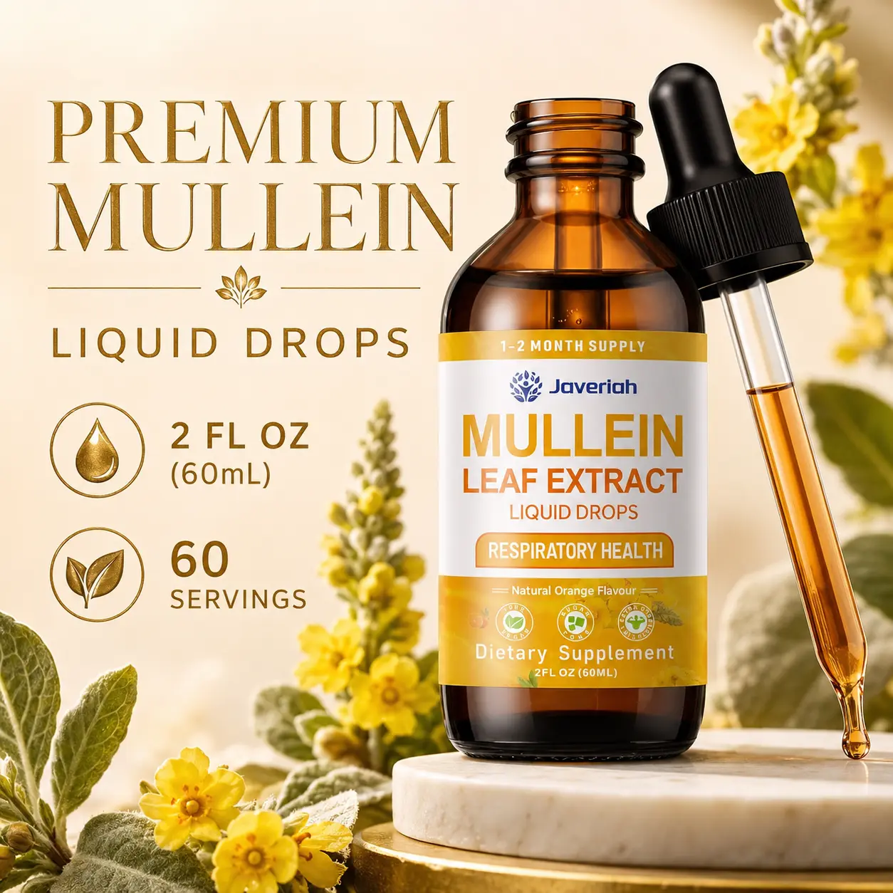 Javeriah Premium Mullein Leaf Extract Drops, High Quality Liquid Herbal Supplement for Lung and Respiratory Wellness Support, Botanical Mullein Tincture, Plant-Based Daily Wellness Formula, 2 Fl Oz, 60 Servings Value Bottle