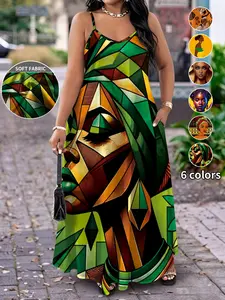 Plus Size Pocket Dress, Women's Casual Ethnic Print Halter Sleeveless Long Dress, Loose Fit, Conceals Belly, Perfect for Daily Wear, Vacation, Street Style