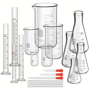 1.69 / 3.38 / 8.45 / 16.91 / 33.81 oz Laboratory Glassware Set — Includes Graduated Cylinders, Glass Beakers, Glass Droppers, Stirring Rods, and Measuring Cups — Suitable for Laboratory Science & Chemistry Supplies (20-Piece Set)