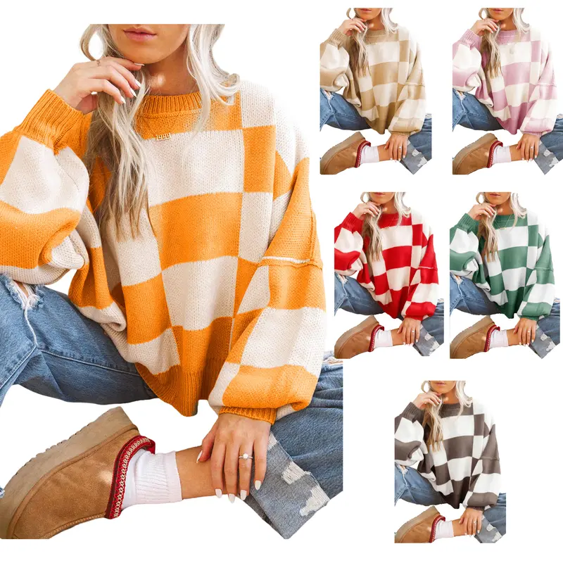 Znacicc Women's Stylish Checkered Bishop Sleeve Sweater - Casual Plaid Top with Crew Neck, Long Sleeve, Winteroutfit,Medium Length, Loose-Fitting,Womenswear