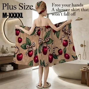 2 Pcs Cherry & Leopard Bow Print Bath Wrap Towel Set, Plus Size M-XXXXL, Non-Slip Absorbent Shower Skirt, Versatile for Spa, Beach & Daily Use, Perfect for Holiday Gifting