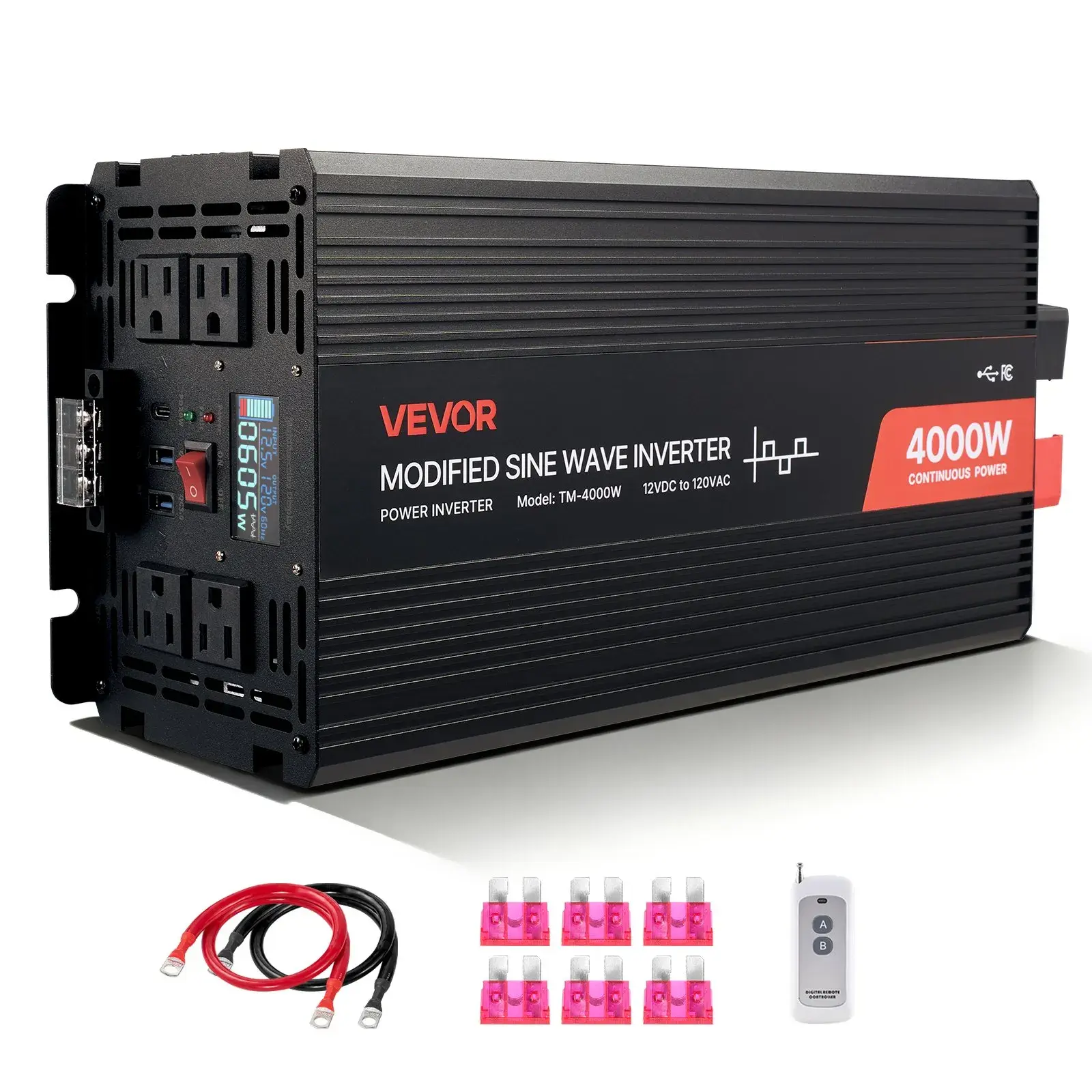 【summerfinds】VEVOR 4000W Power Inverter, 12V DC to 120V AC Modified Sine Wave Inverter with LCD Display, Remote Control, 2 USB Ports, 4 AC Outlets, Type-C Port, Aluminum Alloy Solar Car Charger Converter, Father's Day Gift for RV, Truck, Outdoor Use,,
