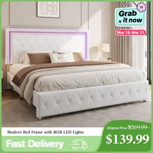 [Spring Sale] AMERLIFE Modern Bed Frame with RGB LED Lights, Adjustable Headboard Velvet Button Tufted/Acrylic Mirror Accents/Smart APP&Remote Control/No Box Spring Needed/Furniture Room/Full/Queen Size/Best Gift Ideas/Christmas Gifts