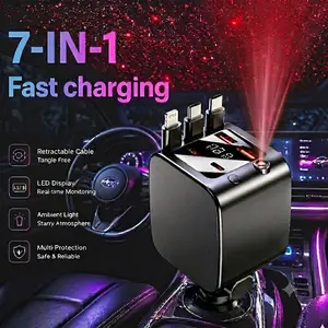 120W retractable car charger with 7-in-1 fast charging hub, featuring a starry LED galaxy projector, PD 20W/65W USB-A multi-port adapter, and is a premium travel essential for iPhones, Samsung phones, Android phones, and tablets.