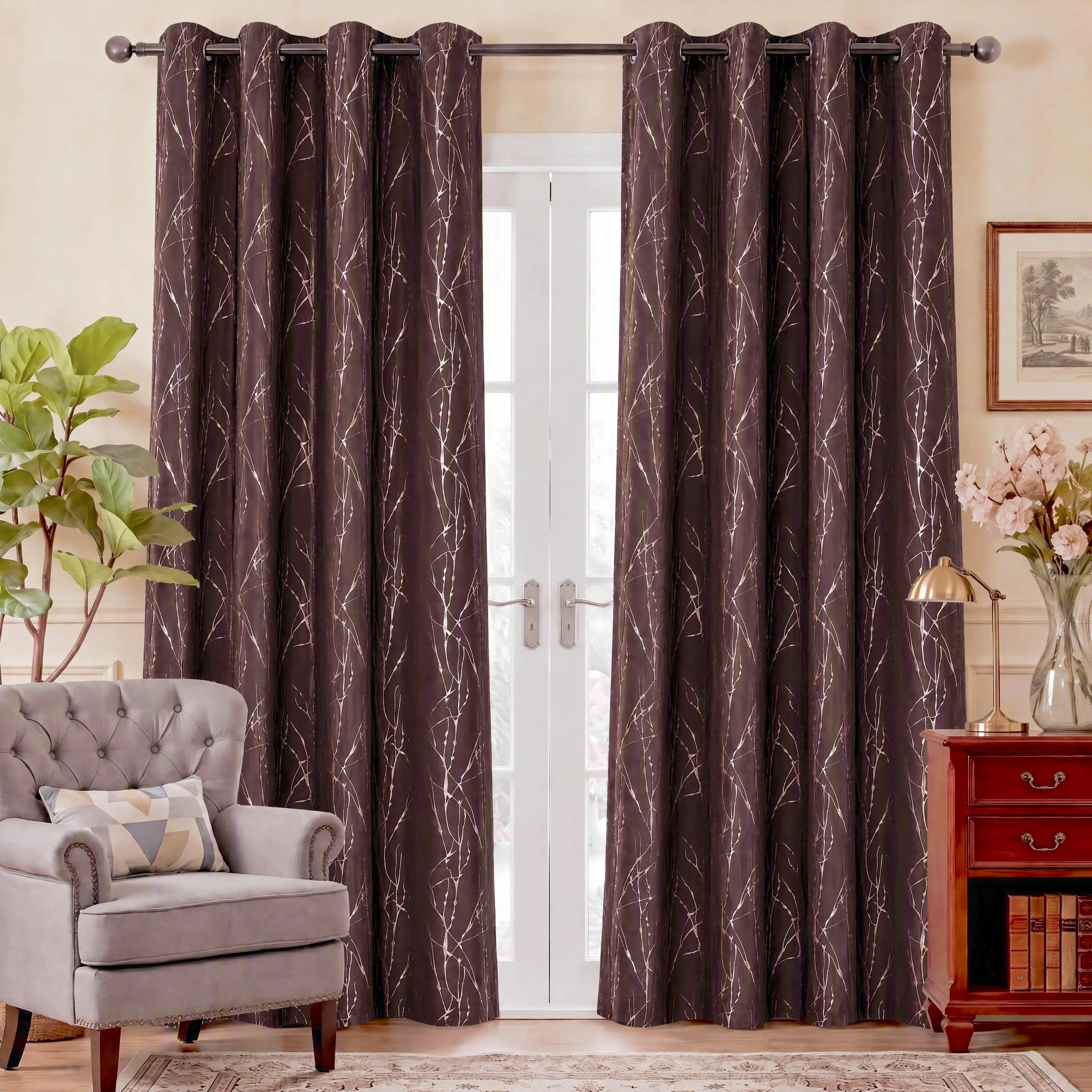 2 Pcs Grommet Curtains, Glue Printed Tree Branch Blackout Thermal Window Treatments for Living Room, Bedroom QF900 Heavy Curtain Room Decor Curtain