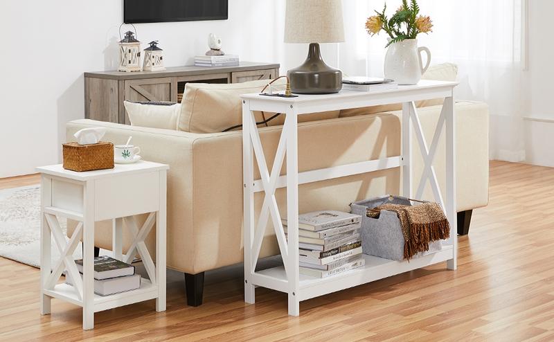 Yaheetech Console Table 2-Tier Sofa Table with Power Outlets & USB Ports, 32'' Height, Textured Solid Color, Assembly Required, Charging Station