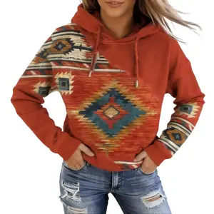 Womens Pullover Hoodie Winter Outfits for Women - Vibrant Southwestern Women's Western-Inspired Retro GeometricPrint Hooded Pullover Sweatshirt, Relaxed Fit, Long Sleeve,Round Neck, Versatile Outerwear Top, Comfortable Casual Attire