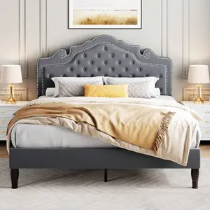 Full/Queen/King   Frame With Adjustable Headboard/Velvet Upholstered/Diamond Button Tufted And Metal Studs/No Box Spring Needed/Wood Slat Support/Easy Assembly, Grey *  Frame Queen Queen  Frame  Frame Full Full   Frame Size Floor Bed Guardrail