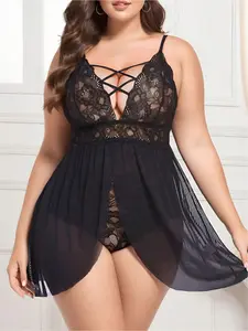 Women's Plus Size Sexy Lace Mesh Cross Body Suit, Sexy Split Transparent Doll Dress, Ladies' Seductive Underwear Skirt, Soft Lingerie