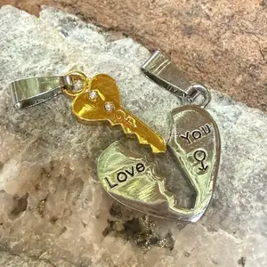 Key and Heart Charm for Couples - Silver Finish Pendant Design with Love You Inscriptions Elegant Gift for Couples