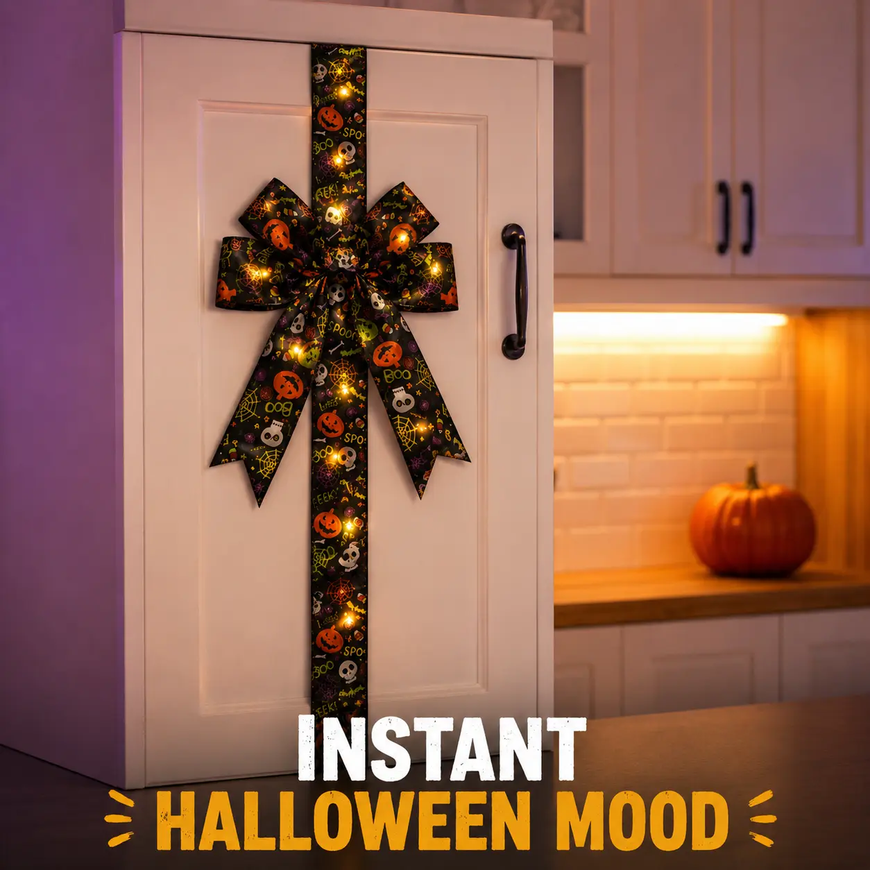 Halloween LED Lighted Ribbon Bow Door Decoration - Black Spooky Pumpkin Ghost Design, Light-Up Front Door Hanging for Home Porch Cabinet, Halloween Party Indoor Recreation Decor, Ribbon Bows