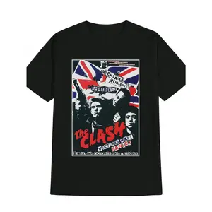 Men's Casual Union Jack & The Clash Graphic Print T-Shirt - Black Round Neck Summer Tee, Machine Washable Regular Fit, Music Band Fan Gift, Casual Wear, Bold Graphic Tee, Quality Print Shirt