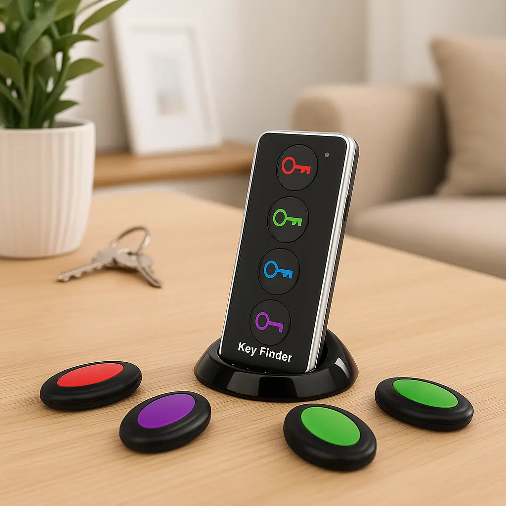 Wireless Key Finder with 4 Color-Coded Receivers Smart Item Locator for Keys Wallet Glasses & Pets 100 ft Range LED Beep No App Needed