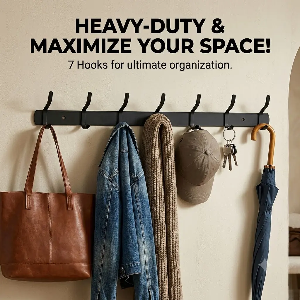 Matte Black Heavy Duty Metal Wall Mount Coat Rack - 20.8in Hook Rail with 7 Double Hooks, 100+ Lbs Capacity for Hanging Jackets, Backpacks, Keys