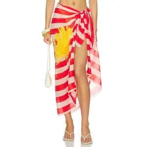 Verandah Silk Cotton Pareo in Blush And Vermillion Jacobina Stripes Panel