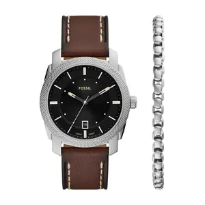 Fossil Men's Machine Three-Hand Date, Stainless Steel Watch and Bracelet Set