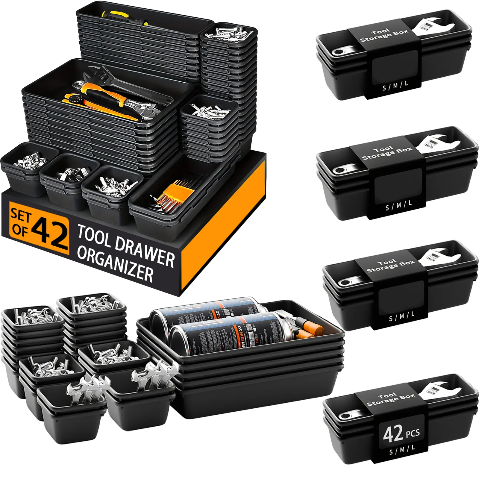 42-Piece Tool Box Organizer Set, Tool Storage Organiser, Toolbox, Modular Wrench Organizers, Five Sizes Interlocking Design, Durable & Waterproof Storage Solution, Ideal for Garage Organization