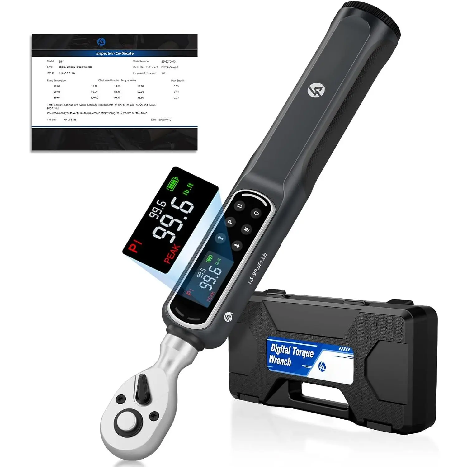 3/8" Digital Torque Wrench, 1.5-99.6Ft.Lb/2-135Nm, ±2% Accurate Electronic Wrench with LED Display, 10 Presets, Buzzer & Vibration Alert, 3 Batteries for Automotive Repair, Mechanics/DIY