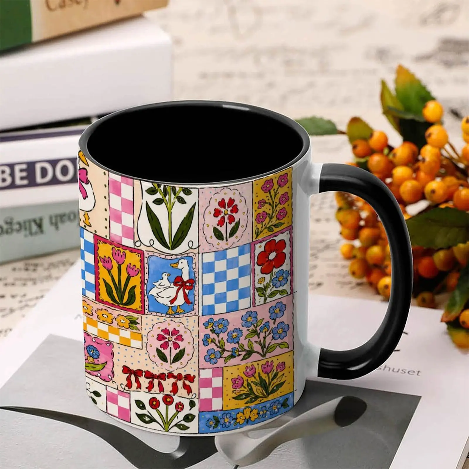 Aesthetic Rustic Patchwork Floral Ceramic Coffee Mug with Duck Designs - Cottagecore Spring Kitchen Drinkware for Morning Coffee, Afternoon Tea