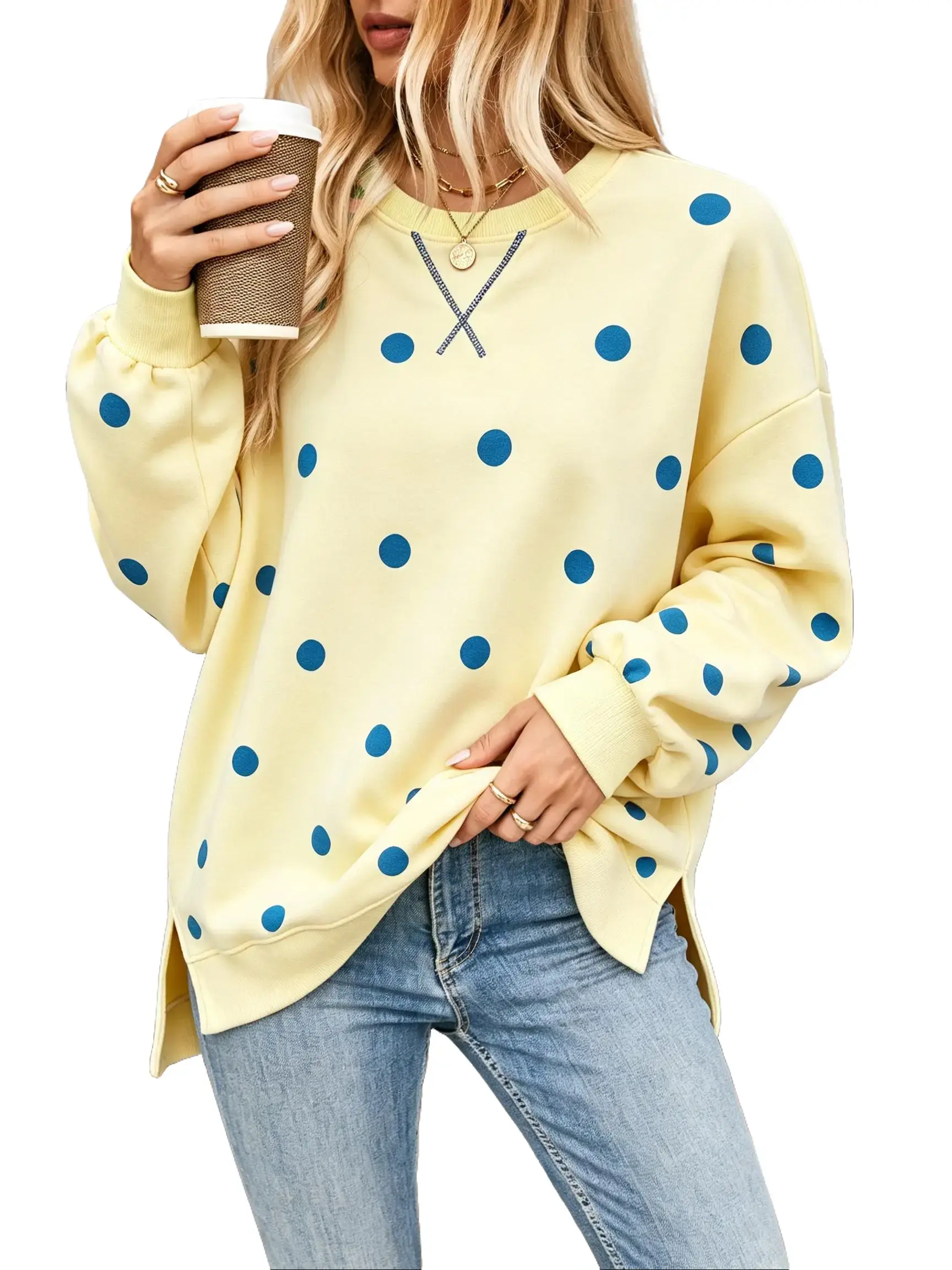 Women Polka Dot Crew Neck Sweatshirt Loose Long Sleeve Side Split Casual Pullover Tops Everyday Fit