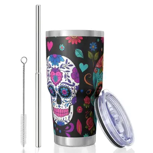 Skull 30 Oz Lce King Cup, Stainless Steel Top Bottom KeepsHot Cold Odor Free Slide Open Lid Flip Lid Suitable ForHome Office Outdoors Sports, Can Be Consumed DirectlyOr Used with a Straw, Skull Design I Stainless Steel Mug ,F_00015