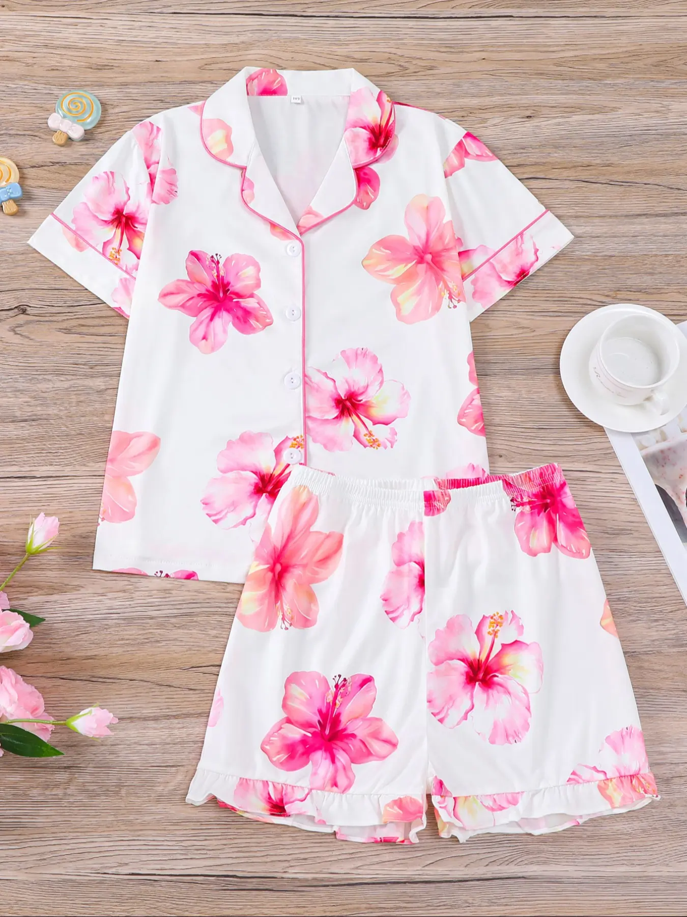 Plant Floral Big Flower Kids Pajama Set, New Button Front Short Sleeve Shirt and Loose Waist Shorts, Casual Homewear for All Seasons, Pj Sets