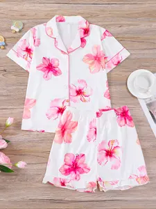 Plant Floral Big Flower Kids Floral Print Pajama Set, New Button Front Short Sleeve Shirt and Loose Waist Shorts, Casual Homewear for All Seasons