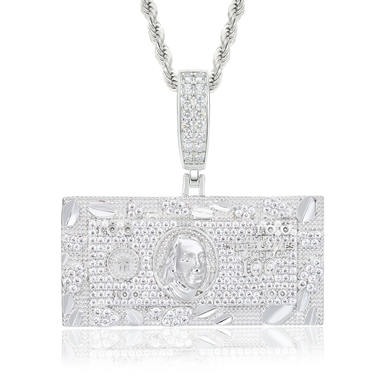 UCCIYO-Moissanite 100 Dollar Bill Pendant for Men, Iced Out 925 Sterling Silver Hip Hop Money Jewelry, Large Bail Fits 10mm Cuban Chain, Pendant Only[# P1068]