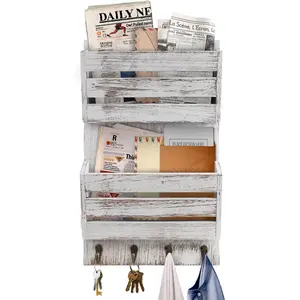Mail Organizer Wall Mount with 4 Key Hooks, Rustic Wooden Hanging Mail Sorter Farmhouse Key Holder for Wall Decoration, 2-Slot Wall File and Magazines Bill Letter Holder