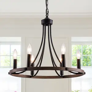 6-Light Modern Farmhouse Chandelier Black, Vintage Candle Ceiling Pendant Light Fixture for Dining Room Living Room