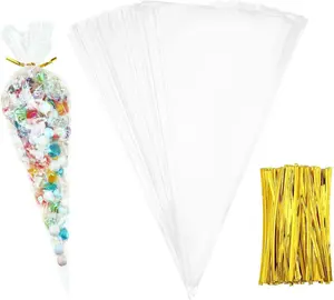 100 Pcs 7 x 12 Inch Cone Shaped Clear Cello Cellophane Treat Bags Medium Transparent Cone Cello Sweet Treat Bags with 100 Pieces Twist Ties for Party Favor(Gold Twist Ties)
