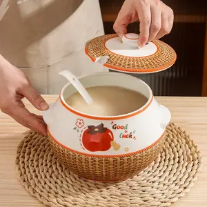 Ceramic Oil Container Set with Lid and Spoon, 400ML & 2100ML Capacity, Vintage Design, Ideal for Kitchen Storage, Restaurant Use