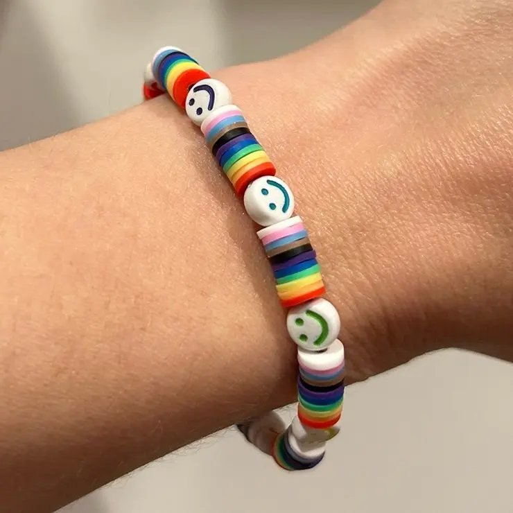 Smiley Rainbow Polymer Beaded Bracelet with Flower Charm