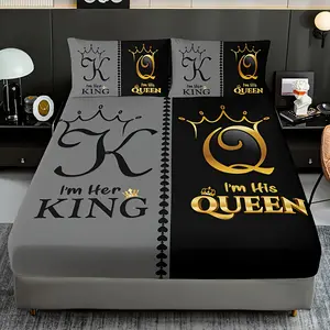 3-Piece Ultra Soft Breathable Black Gray Color Block Crown Bed Sheet (1 Bed Sheet + 2 Pillowcases Without Filling), Deep Pocket 15inch , Mattress Protector Bedroom Dormitory High-Definition Print Suitable for All Seasons Room Decoration