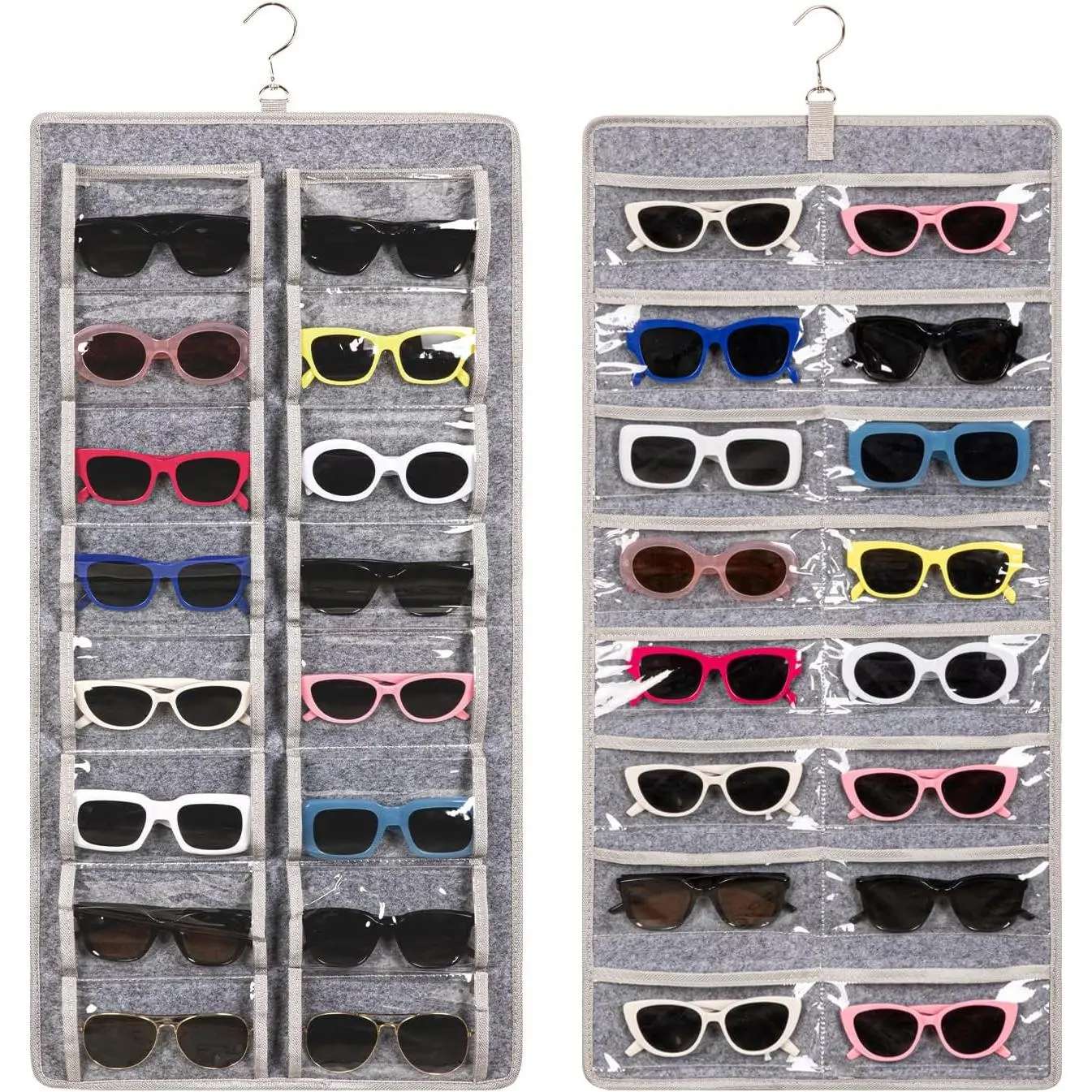Dual Sided Sunglasses Storage organizer case, Eyeglasses Holder Wall Mounted with 32 Clear Slots & Metal Hook, Dust Proof Sunglasses Storage Case