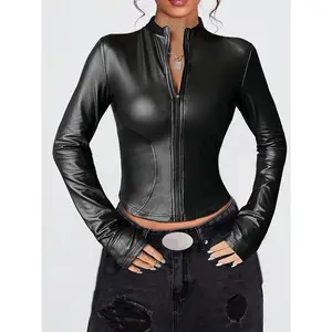 Ladies' black leather jacket - long sleeves, zipper style, slim fit, versatile casual wear for all seasons, leisure jacket suitable for denim attire; leather; custom-fitted design.