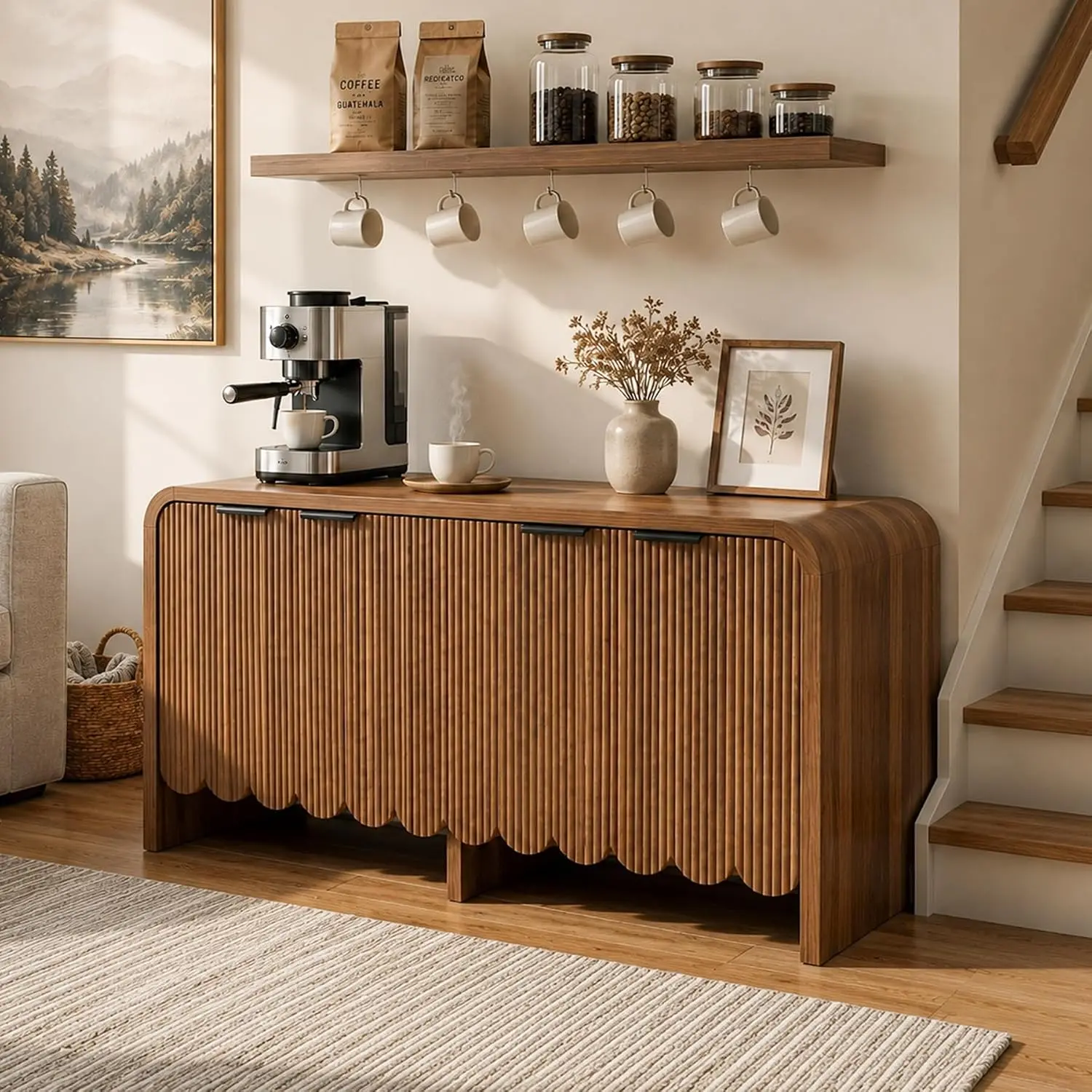 Oakault Fluted Sideboard Buffet Cabinet, 4 Doors Accent Cabinet with Adjustable Shelf, Modern Console Cabinet with Metal Handle for Living Room, Kitchen, Hallway, Entrway(Walnut) sohochic