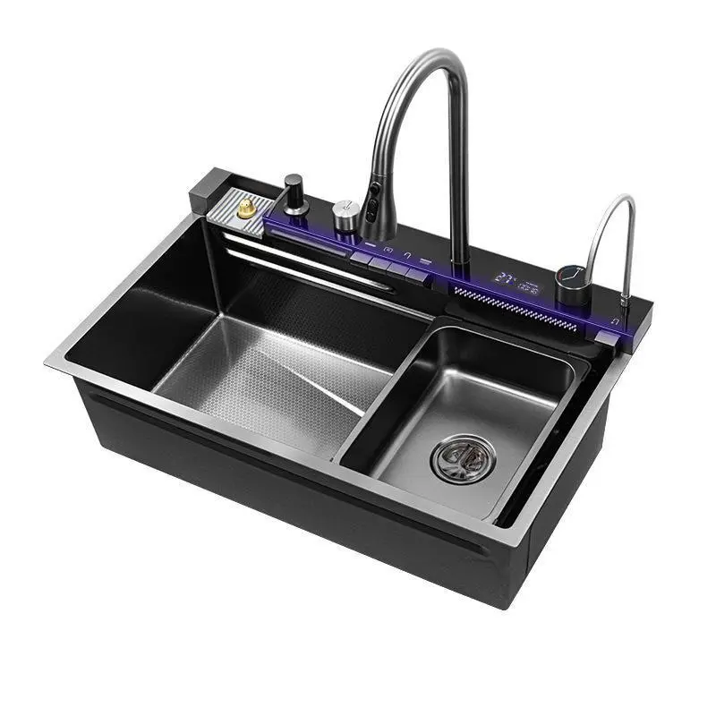 Brosntarz 29.5 x 17.7 Inch Nano Black Flying Rain Waterfall Sink Household SinkIntegrated Sink with Pull-Out Tap Set