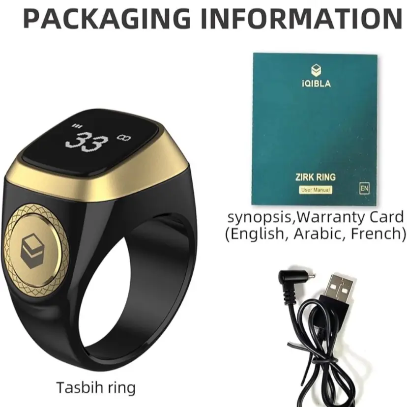 Smart Tasbih Zikr Ring with Muslim Digital Azan Alarm Clock - Black