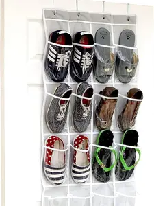 24 Pockets - Crystal Clear Over The Door Hanging Shoe Organizer, Gray (64'' x 19'')