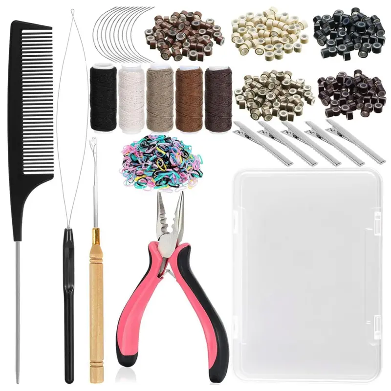 Heatless Hair Extension Fine Home Styling Tool Kit (603pcs Set A) for Adults - 500 Bead Variety, Easy-to-Grip Plier, Threader, Crochet Hook, 10 Curved Needles, 5 Clips, 5 Sewing Thread Rolls, 100 Rubber Bands, Storage Case (Home Improvement)