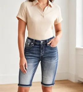 Women's Casual Stretchy Mid-Rise Jean Bermuda Shorts with Rolled Hem, Womenswear Bottoms