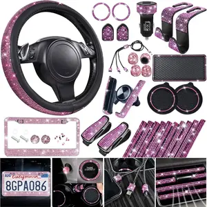 30 PCS Bling Pink Car Set for Women, Bling Steering Wheel Covers Set 15 Inch, Shining Rhinestone License Plate Frame, Sparkly Diamond Phone Holder, Cute Interior Set Decorations