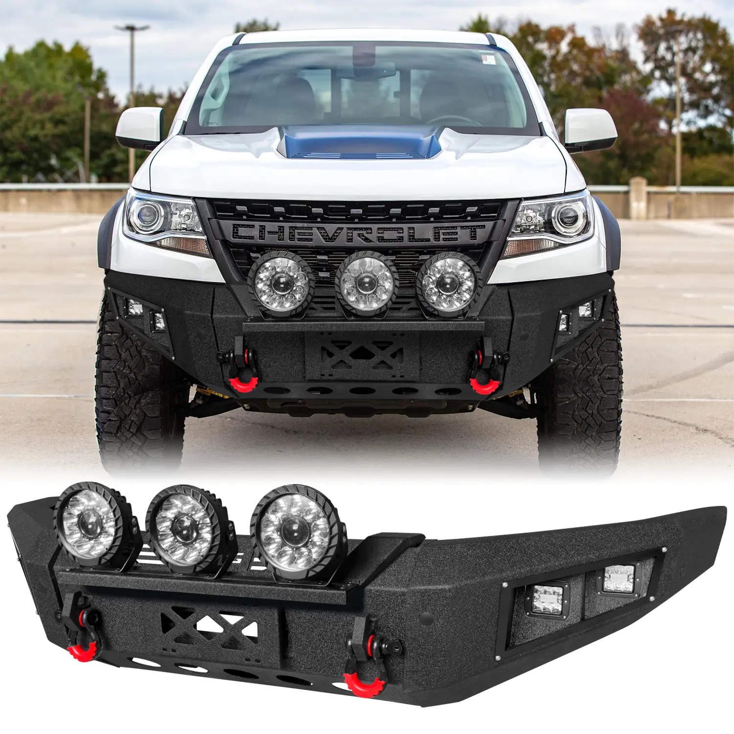 Vijay Steel Front Bumper Black Texture for For 2017-2020 Chevy Colorado ZR2 with Winch Plate Round Lights 2 x D-Rings Off-Road Performance Simple screw installation