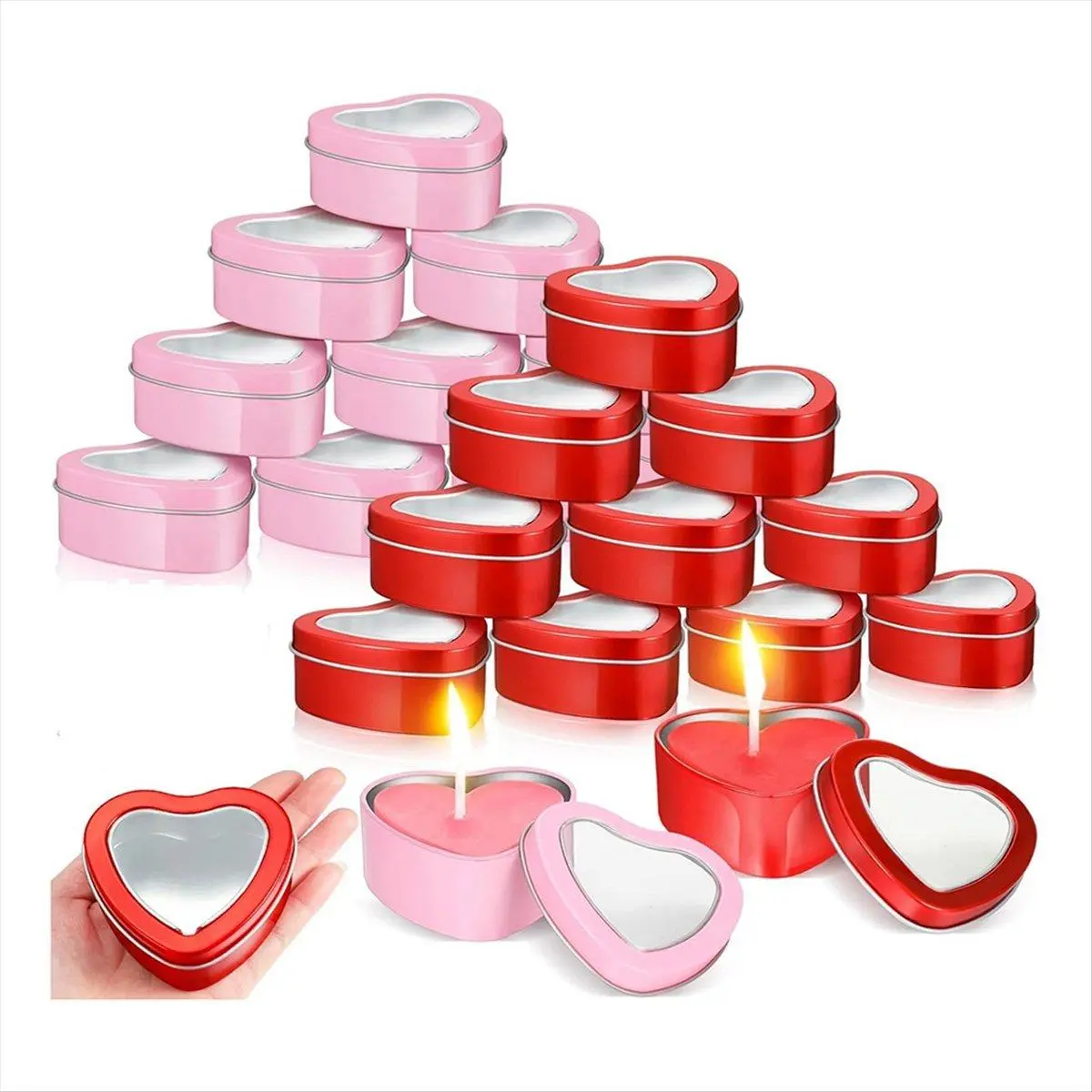 24Pcs 4Oz Heart Shaped Metal Tins, Empty Tea Light Mold Heart Shaped Box with Clear Window Lids Tin Candle Containers