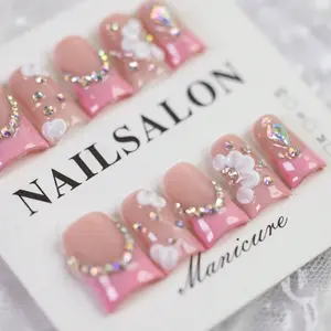 10Pcs Y2K Pink French Faux Nail Tips With 4D White Floral Elements, Bling Rhinestone Accents, Cute & Chic For Daily, Casual And Relaxed Occasions, Best Gift For Women And Girls (Random Packaging Card) Handmade Press On Nails Nail Supplies Nails