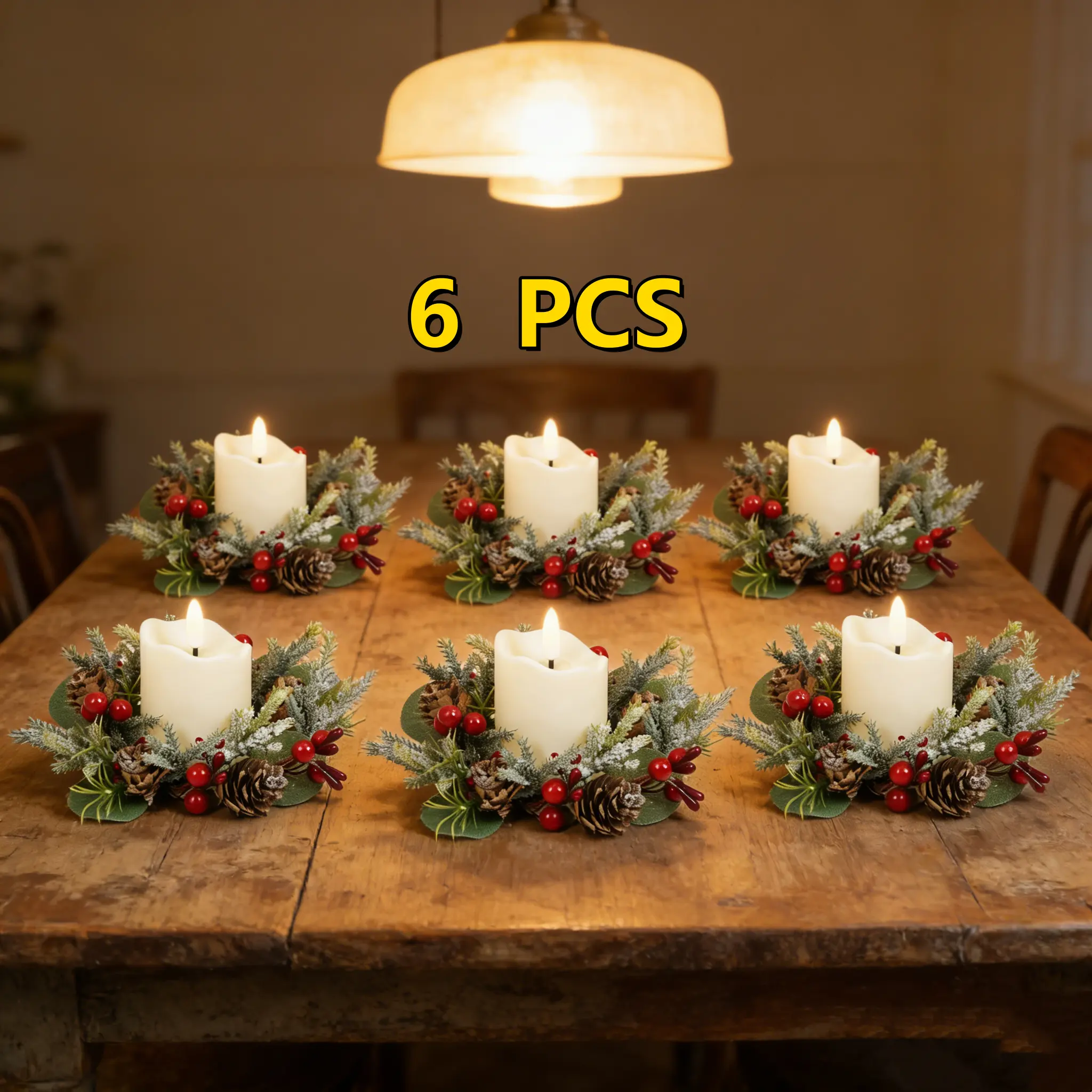6pcs Candle Rings Artificial Candle Ring Wreaths with Flameless Candles Battery Operated LED Pillar Candleholders for Christmas Wedding Party Table Centerpiece
