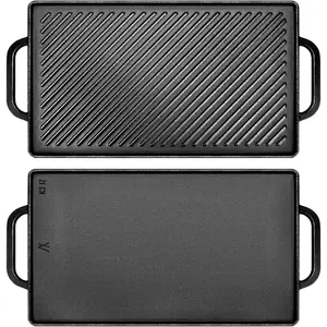 GGC Cast Iron Reversible Griddle,-sided Griddle Pan for Indoor and Cooking, 15 x 9 Griddle with Flat and Ribbed Side for Stove Tops, Gas Grills and Camping