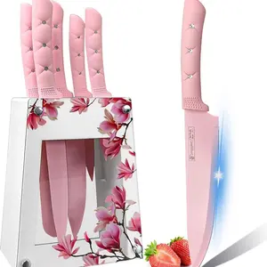 7pc Sparkly Kitchen Knife Set with Block – Glitter Chef Knife Collection for Cooking & Meal Prep